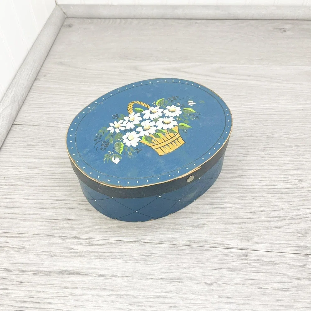 Vintage‎ Blue Floral Trinket Box - Hand Painted Wooden Jewelry Box